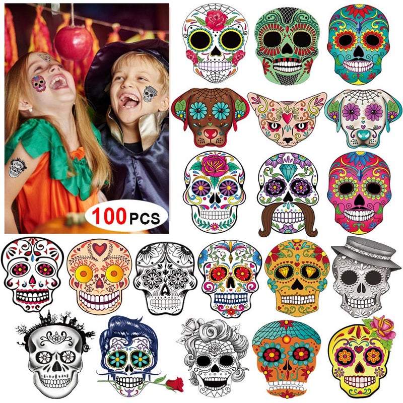 Konsait Day of the Dead Sugar Skull Tattoos(100Counts),Konsait Halloween Temporary Face Tattoos Sugar Skull Puppy Black Skeleton Web Red Roses Tattoo for kids Boys Girls Mexican Halloween Party Favor Supplies - Image 1